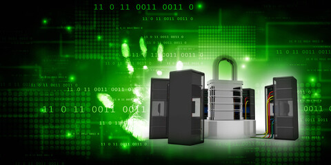 3d illustration Data center server protection lock