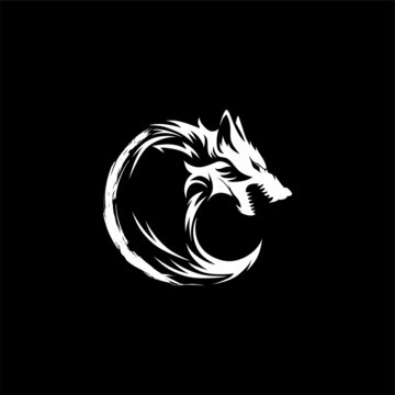 Wolf silhouette isolated on black background vector illustration. Wolf head vector graphic emblem.