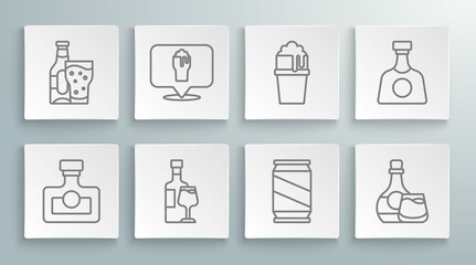 Fototapeta premium Set line Alcohol drink Rum, or beer bar location, Wine bottle with glass, Beer can, Whiskey and, Glass of, Tequila and icon. Vector