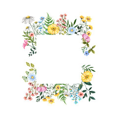 Watercolor pastel wildflower frame, floral wreath template. Invitation or card design. Hand painted graphic. - obrazy, fototapety, plakaty