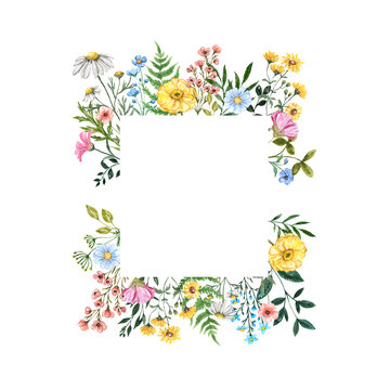Watercolor pastel wildflower frame, floral wreath template. Invitation or card design. Hand painted graphic.