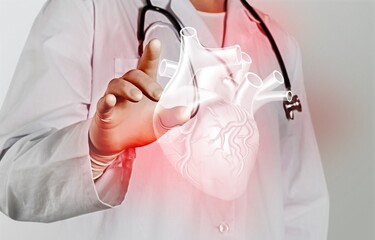 A doctor touches virtual Heart in hand. Healthcare hospital service concept