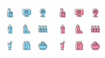 Set line Milkshake, Paper package for milk, Bottle and glass, Cottage cheese, Whipped cream in bottle, with, Baby and Cheese icon. Vector