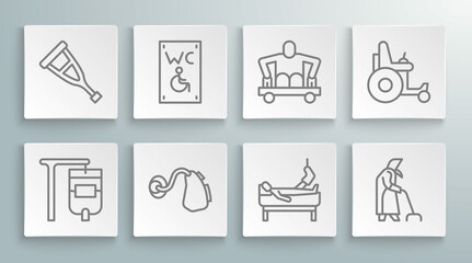 Set line IV bag, Separated toilet for disabled, Hearing aid, Patient with broken leg, Grandmother, Man without legs sitting wheelchair, Electric and Crutch crutches icon. Vector