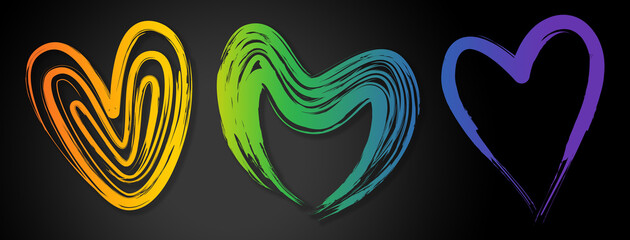 Three hearts in an abstract brush stroke design style in a rainbow color linear gradient
