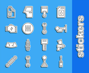 Set line Screwdriver, Paint spray gun, Signal horn on vehicle, Engine piston, Gear shifter, Check engine, Canister for motor oil and Wrench spanner icon. Vector