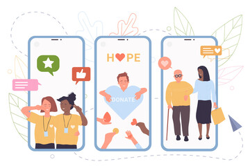 Online charity platform vector illustration. Cartoon people donate contribution of money, blood and hearts to volunteers, help from caregiver to elderly person. Philanthropy, solidarity concept