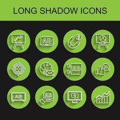 Set line Advertising, Board with graph chart, Monitor star, Financial growth increase, Earth globe mail, Customer product rating and icon. Vector