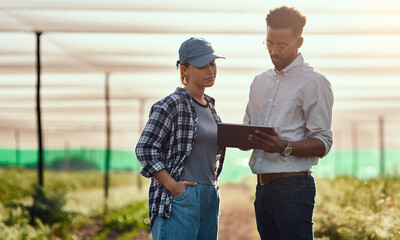 Tracking their growth. Cropped shot of two young farmers looking at a tablet while working on their...