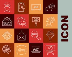 Set line Board with graph chart, Sales funnel gear, Chess, Advertising, SEO optimization, and icon. Vector