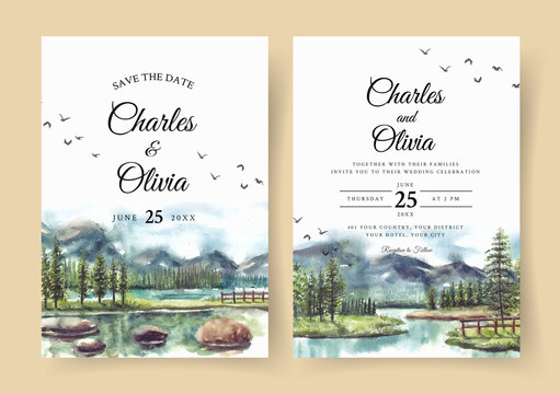 Watercolor wedding invitation with reflection of beautiful pine trees and mountain in lake