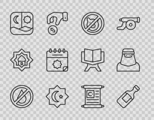 Set line No water, Bottle of, pig, Octagonal star, Ramadan fasting, calendar, Holy book Koran and Muslim woman niqab icon. Vector