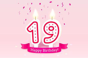 Happy Birthday years. 19 anniversary of the birthday, Candle in the form of numbers. Vector