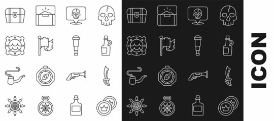 Set line Pirate coin, sword, Alcohol drink Rum, Skull, flag, Ship porthole with seascape, Antique treasure chest and Spyglass telescope lens icon. Vector