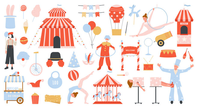 Circus show set vector illustration. Cartoon retro circus collection with clown, carnival tent, magician, mime and flying acrobat performer characters in costumes, performance ticket isolated on white