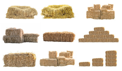 Golden yellow haystack isolated on a white background hay is a tightly joined bale of straw.