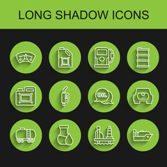 Set line Oil railway cistern, petrol test tube, Motor gas gauge, platform in the sea, tanker ship, Gasoline pump nozzle, vehicle and Word oil icon. Vector