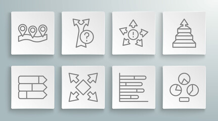 Set line Pie chart infographic, Arrow, Many ways directional arrow, Pyramid infographics and Location icon. Vector