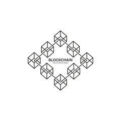 Blockchain technology icon logo concept with line network system and cube link chain.