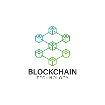 Blockchain technology icon logo concept with line network system and cube link chain.