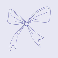 Satin ribbon bow line art. Decoration of festive gift wrapping, hairstyles, clothes. Hand drawn vector illustration. Isolated simple element on purple background.