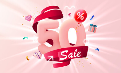 40 percent Off. Discount creative composition. 3d sale symbol with decorative objects, heart shaped balloons and gift box. Sale banner and poster.