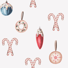 Set of christmas toys tree. Watercolor seamless pattern with christmas elements. 