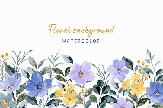 Yellow purple floral garden background with watercolor