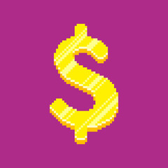 colorful simple flat pixel art illustration of cartoon yellow or golden dollar symbol with overflow