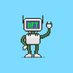 colorful simple flat pixel art illustration of cartoon humanoid robot with text NFT non-fungible token on display instead of a face