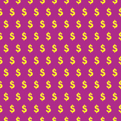 colorful simple vector pixel art seamless pattern of yellow or golden dollar symbol with overflow on purple background