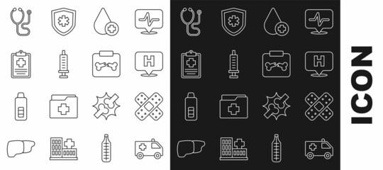 Set line Ambulance car, Crossed bandage plaster, Location hospital, Donate drop blood, Syringe, Patient record, Stethoscope and X-ray shots with broken bone icon. Vector