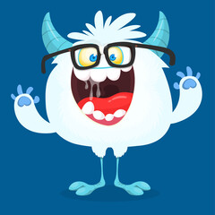 Funny cartoon smiling monster white furry yeti . Halloween Illustration of happy bigfoot