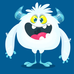 Funny cartoon smiling monster white furry yeti . Halloween Illustration of happy bigfoot