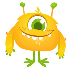 Funny cartoon smiling monster character. Halloween Illustration of happy alien creature. Vector isolated