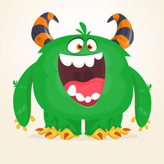 Funny cartoon smiling monster character. Halloween Illustration of happy alien creature. Vector isolated