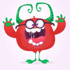 Funny cartoon smiling monster character. Halloween Illustration of happy alien creature. Vector isolated