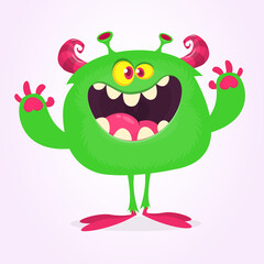 Funny cartoon smiling monster character. Halloween Illustration of happy alien creature. Vector isolated