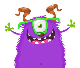 Funny cartoon smiling monster character pop up and waving hands. Illustration of happy alien. Halloween party design. Vector isolated