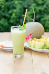 Milk melon Smoothie in glass with Roast bread