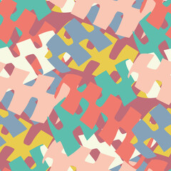Abstract jigsaw puzzle vector seamless pattern. Colorful background with overlapping pieces. Textural painterly backdrop color block pink, white, teal. Rounded jagged comblike playful shapes repeat