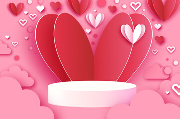 Happy Valentine's day 3D Podium scene or pedestal on pink background with heart paper cut craft shapes. Studio for display product mockup design. Waves and clouds. Super romantic holidays.