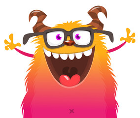 Funny cartoon smiling monster character pop up and waving hands. Illustration of happy alien. Halloween party design. Vector isolated