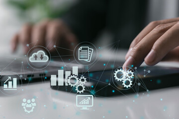 Businessman touch on smartphone. Concept of business automation software technology process system
