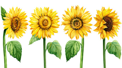 Naklejka premium Set sunflowers on isolated white background, Watercolor illustration, Botanical painting