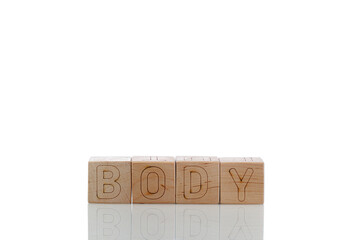 Wooden cubes with letters body on a white background