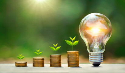 light bulb on wood with young plant growing on coins stack. saving power energy and save money - obrazy, fototapety, plakaty