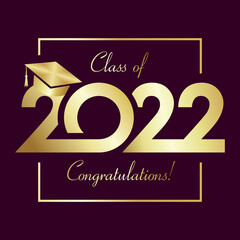Class of 2022 year graduation square greetings. Class off creative idea. Golden 20 22, gold frame and calligraphic text. Isolated abstract graphic design template. Handwriting calligraphy.
