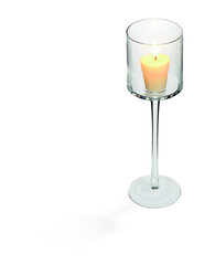 Modern glass candle holder with lit candle, isolated