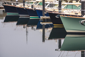Small seaside harbor waterline with sail boats docked on Aquidneck Island, Rhode Island near Newport